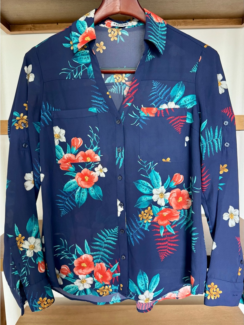 Express Navy Floral Button-Down Shirt with Coral & Teal Blooms